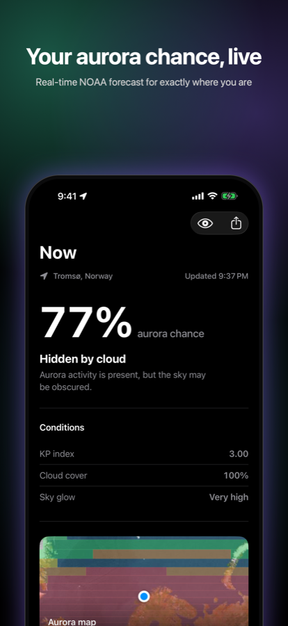 The Now screen showing the aurora chance for your location